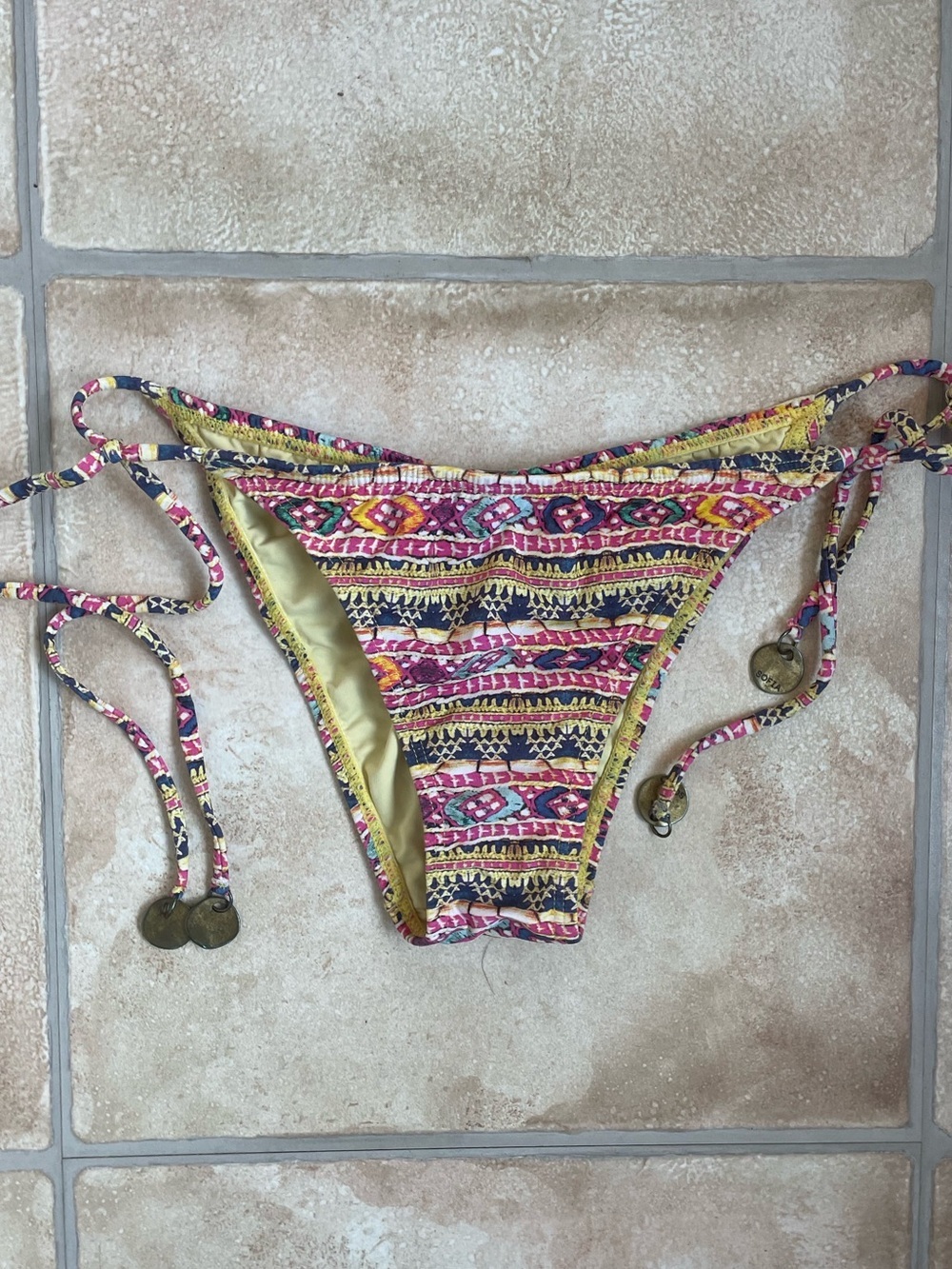 Sofia by Vix Ghandhi Tie Side Bikini Bottom Pink, Embossed Coin Detail; XS